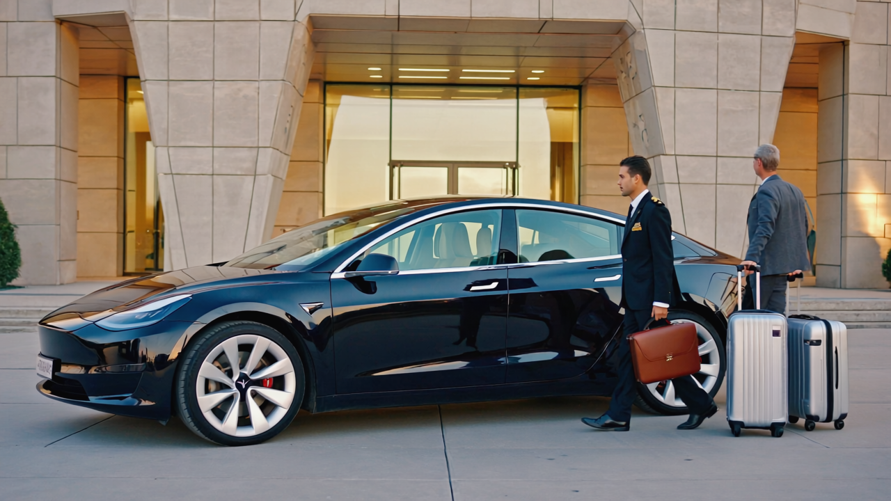 Professional chauffeur with luxury Tesla at elegant building