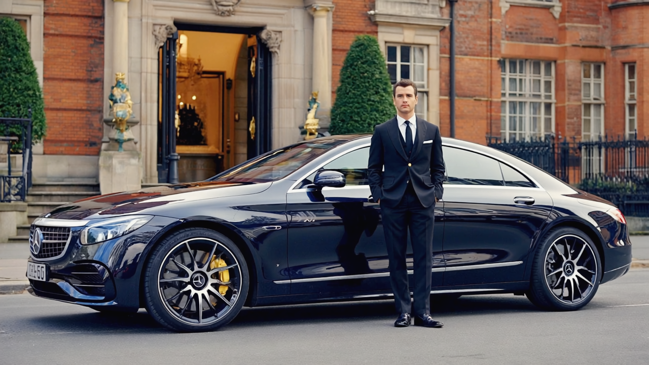 Professional chauffeur with luxury Mercedes in front of elegant building